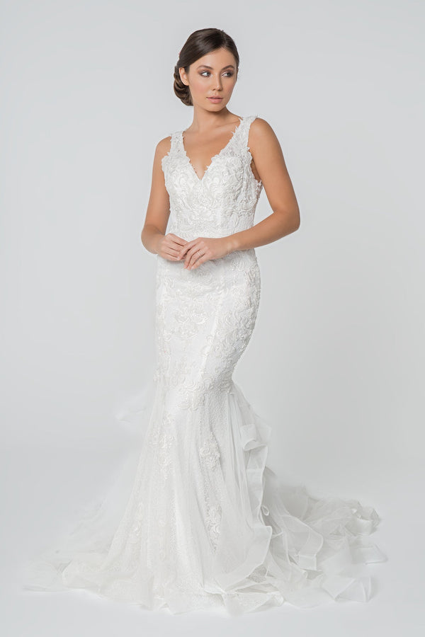 Embroidered V-Neck Sleeveless Mermaid Long Wedding Dress GLGL2814-0