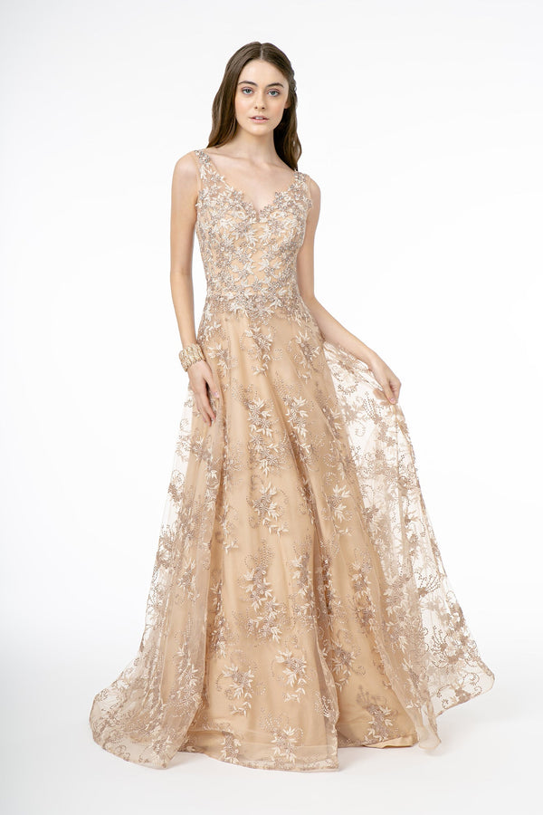 Embroidery Embellished V-Neck Tulle A-Line Long Prom Dress GLGL2884-0