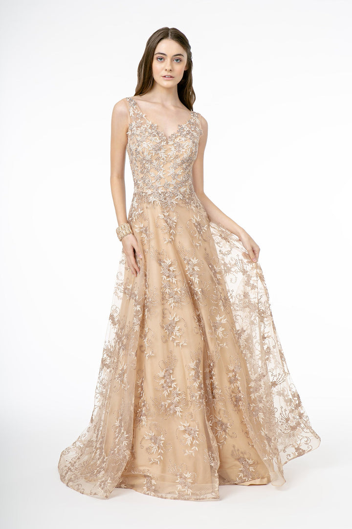 Embroidery Embellished V-Neck Tulle A-Line Long Prom Dress GLGL2884-0