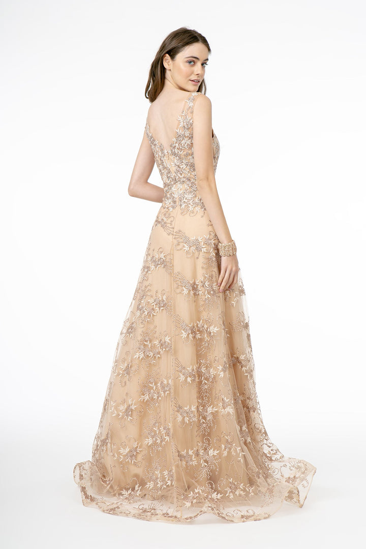 Embroidery Embellished V-Neck Tulle A-Line Long Prom Dress GLGL2884-1
