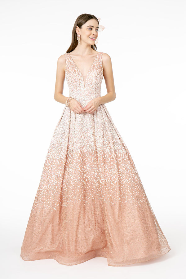 Illusion Deep V-Neck Glitter Tulle A-Line Long Prom Dress GLGL2908-0