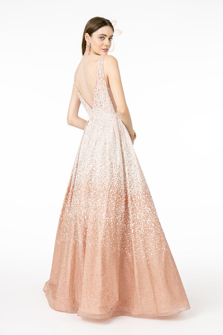 Illusion Deep V-Neck Glitter Tulle A-Line Long Prom Dress GLGL2908-1