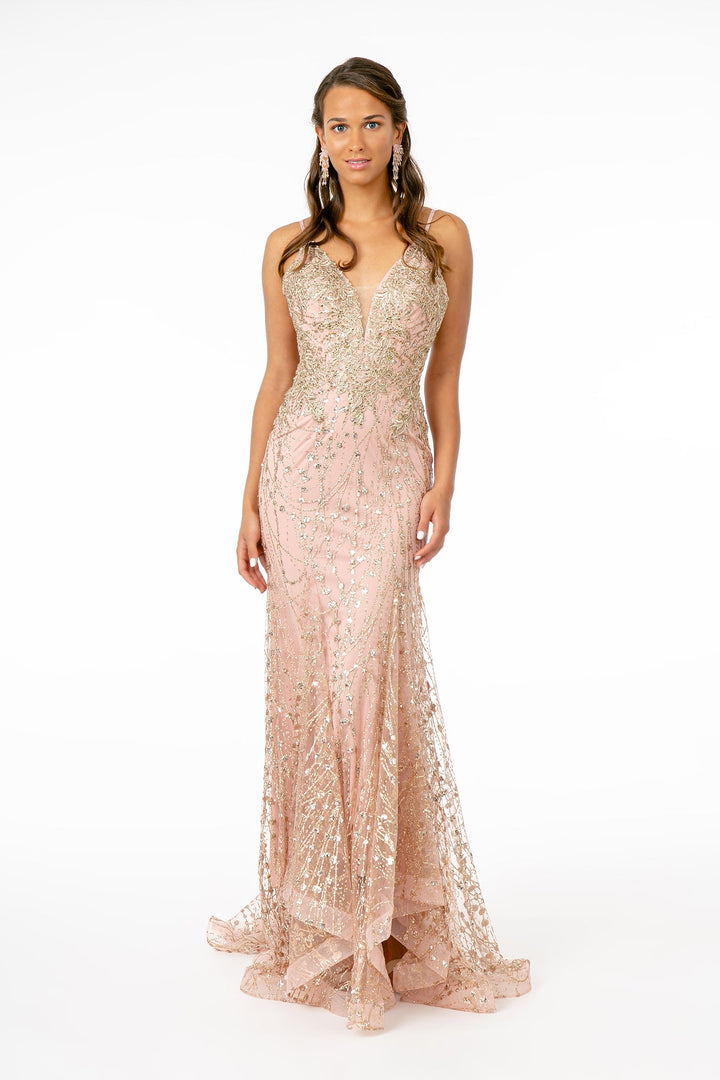Illusion Deep V-Neck Spaghetti Strap Mermaid Dress w/ Strap Back-4