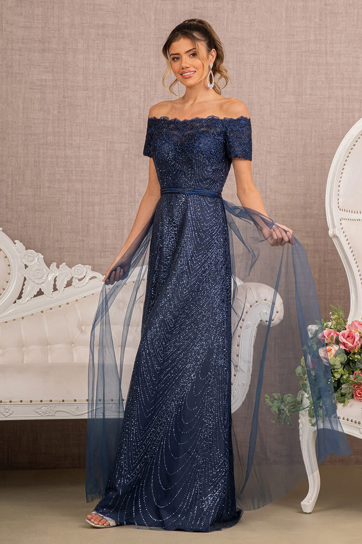 Glitter Print Mesh Cut-Away Shoulder A-Line Long Mother Of The Bride Dress GLGL2942 Sale-4