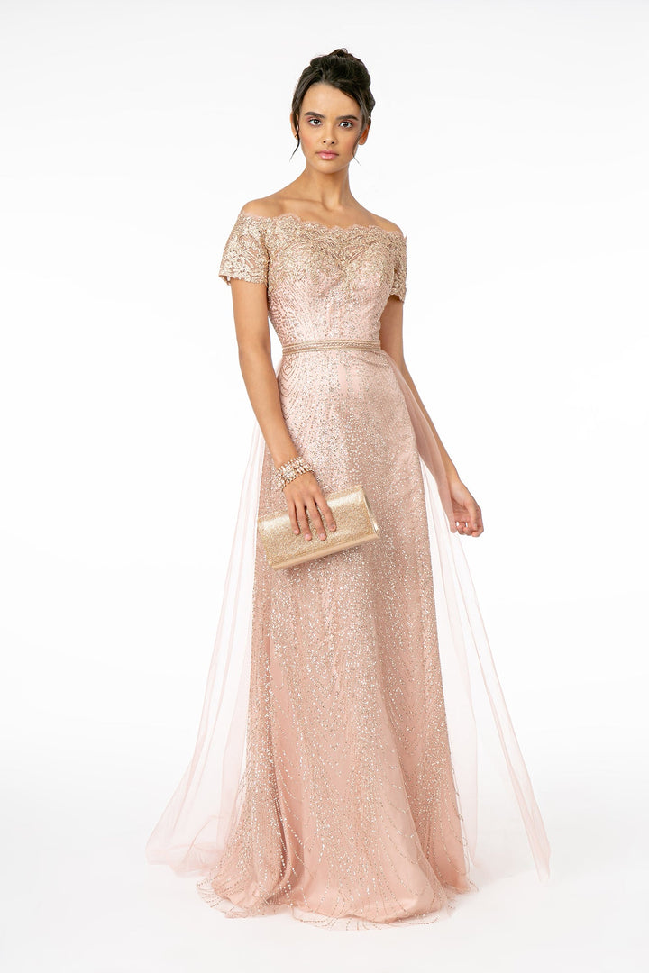 Glitter Print Mesh Cut-Away Shoulder A-Line Long Mother Of The Bride Dress GLGL2942-7