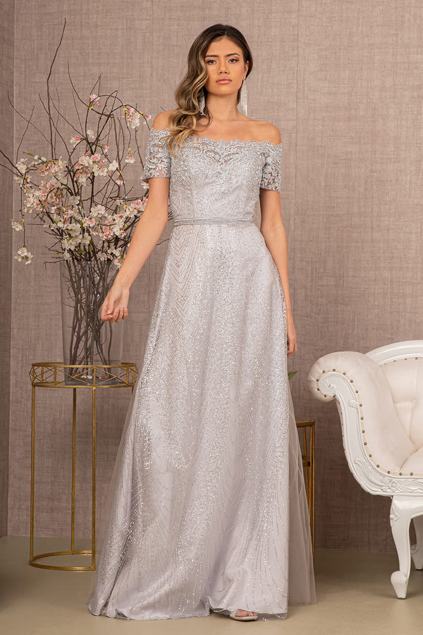 Glitter Print Mesh Cut-Away Shoulder A-Line Long Mother Of The Bride Dress GLGL2942 Sale-0