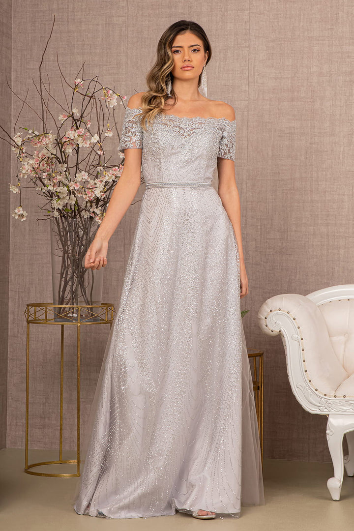 Glitter Print Mesh Cut-Away Shoulder A-Line Long Mother Of The Bride Dress GLGL2942 Sale-0