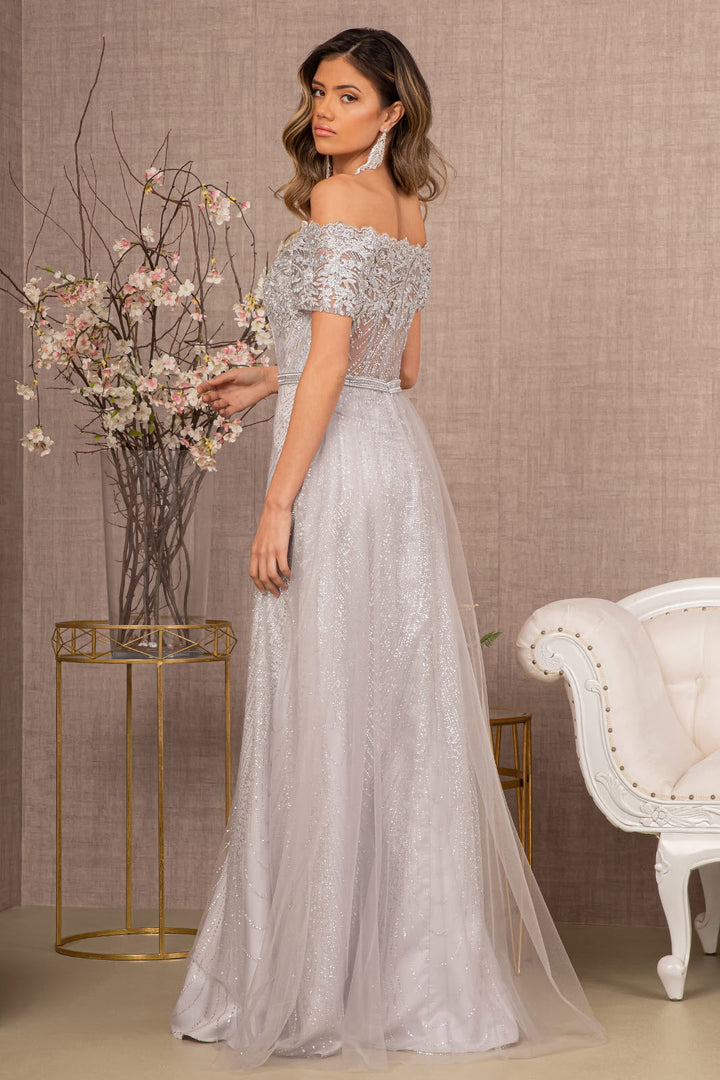 Glitter Print Mesh Cut-Away Shoulder A-Line Long Mother Of The Bride Dress GLGL2942 Sale-1