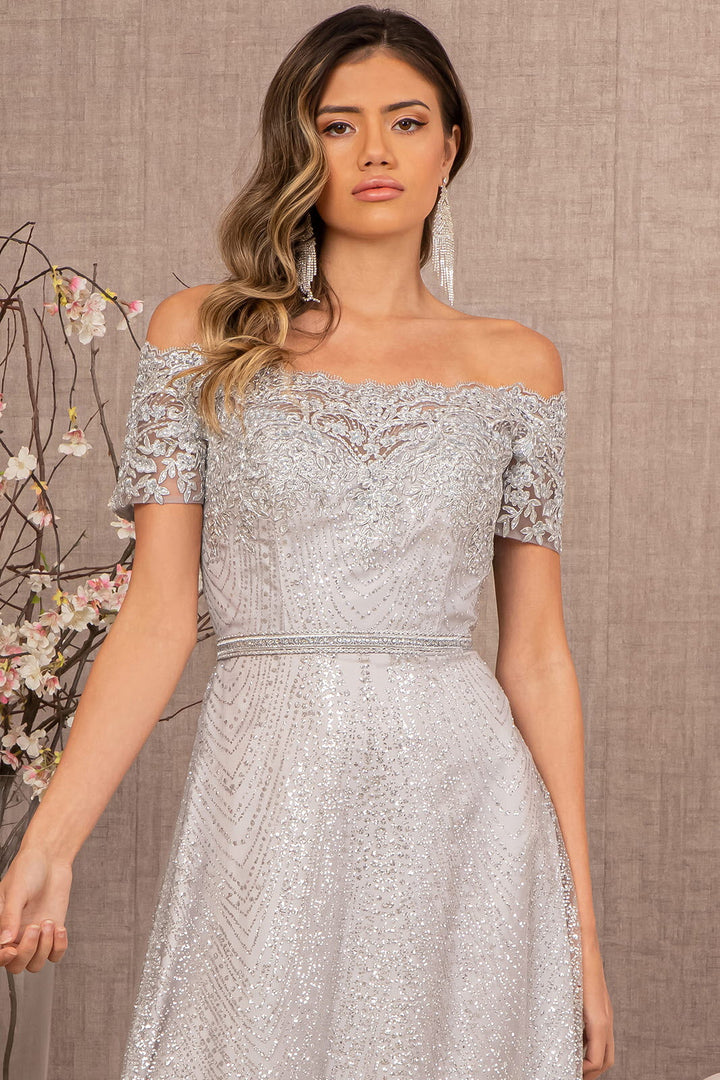 Glitter Print Mesh Cut-Away Shoulder A-Line Long Mother Of The Bride Dress GLGL2942 Sale-2