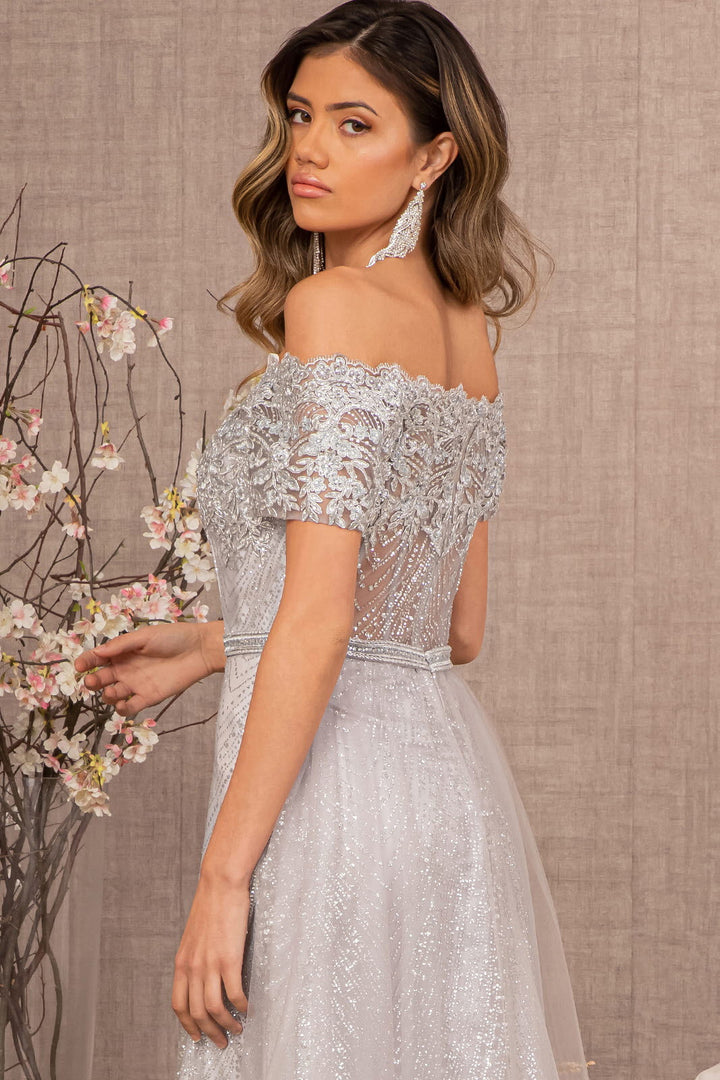 Glitter Print Mesh Cut-Away Shoulder A-Line Long Mother Of The Bride Dress GLGL2942 Sale-3