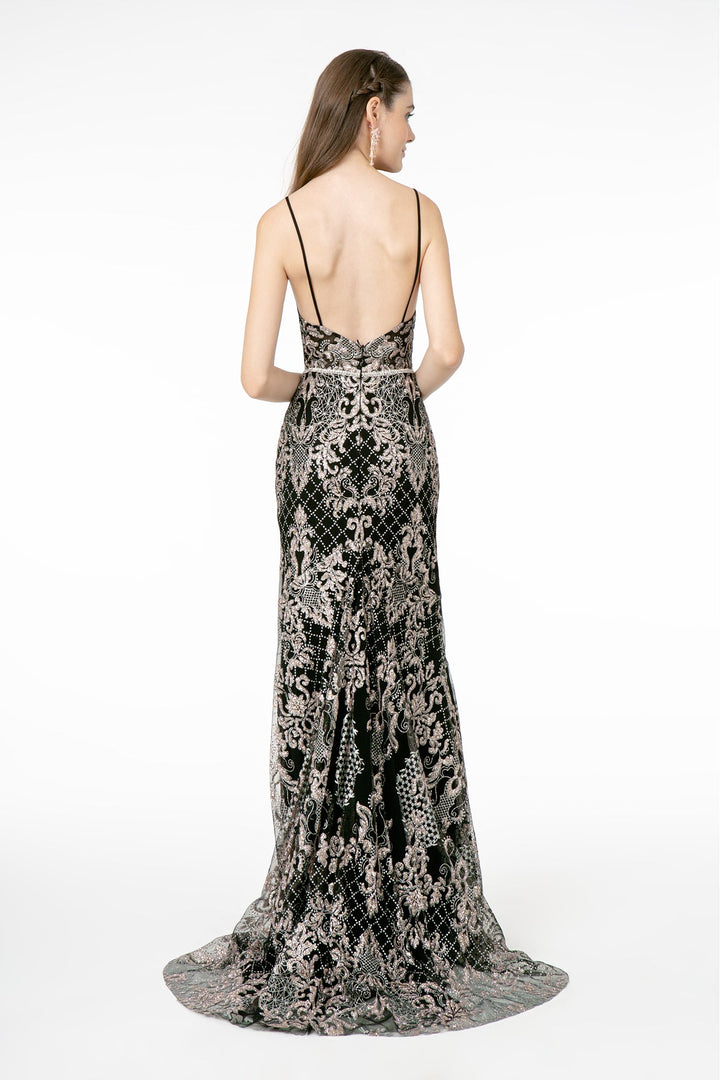 Jeweled Waist Band Accented Glitter Mesh Long Prom Dress GLGL2990-1