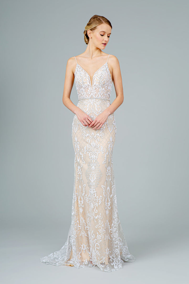 Jeweled Waist Band Accented Glitter Mesh Long Prom Dress GLGL2990-4