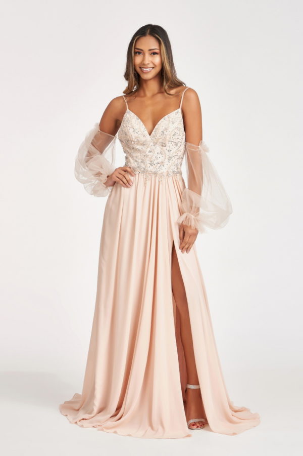 Detachable Mesh Sleeve V-Neck Chiffon Prom Dress-1