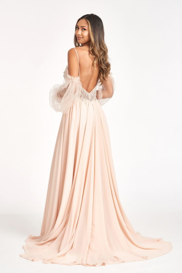 Detachable Mesh Sleeve V-Neck Chiffon Prom Dress-2