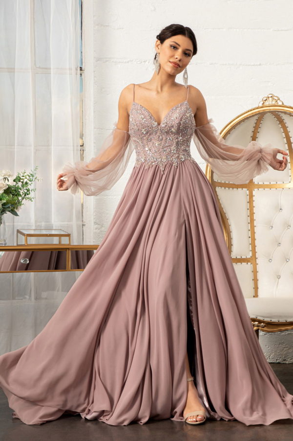 Detachable Mesh Sleeve V-Neck Chiffon Prom Dress-5