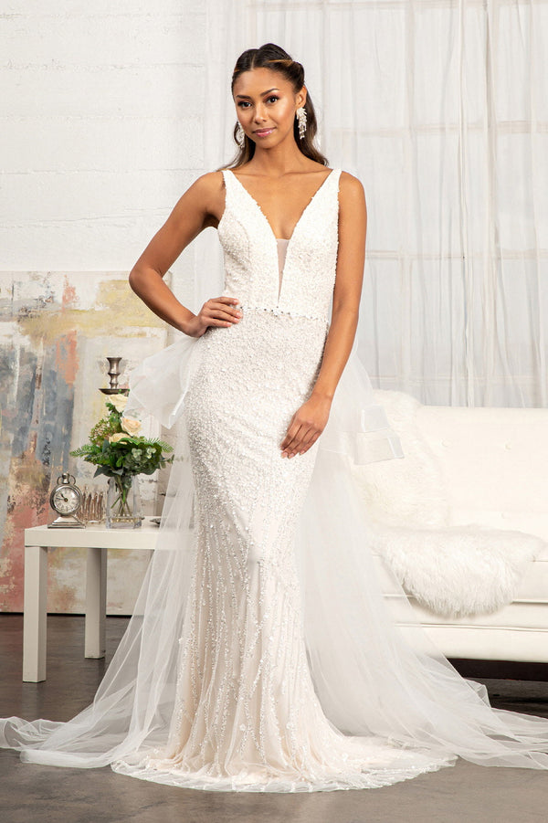 3D Flower Applique Mermaid Mesh w/ Detached Mesh Layer Wedding Dress GLGL3014-0