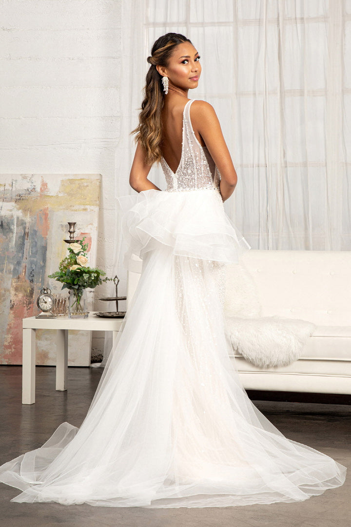 3D Flower Applique Mermaid Mesh w/ Detached Mesh Layer Wedding Dress GLGL3014-1