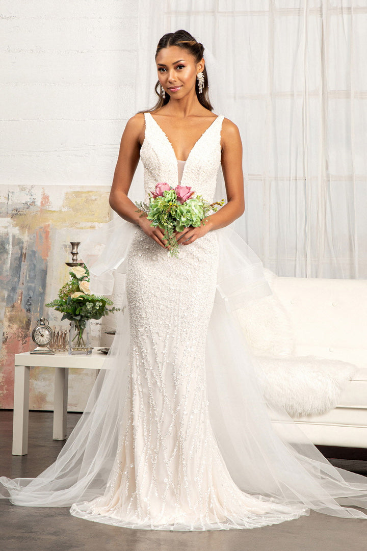 3D Flower Applique Mermaid Mesh w/ Detached Mesh Layer Wedding Dress GLGL3014-2