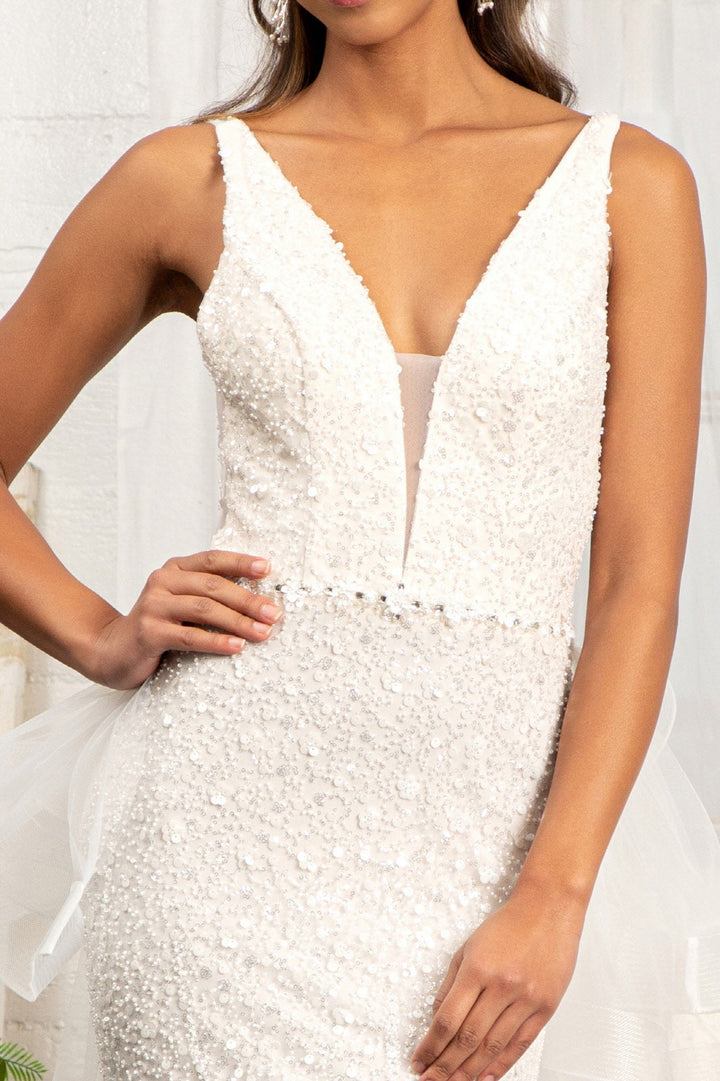3D Flower Applique Mermaid Mesh w/ Detached Mesh Layer Wedding Dress GLGL3014-3
