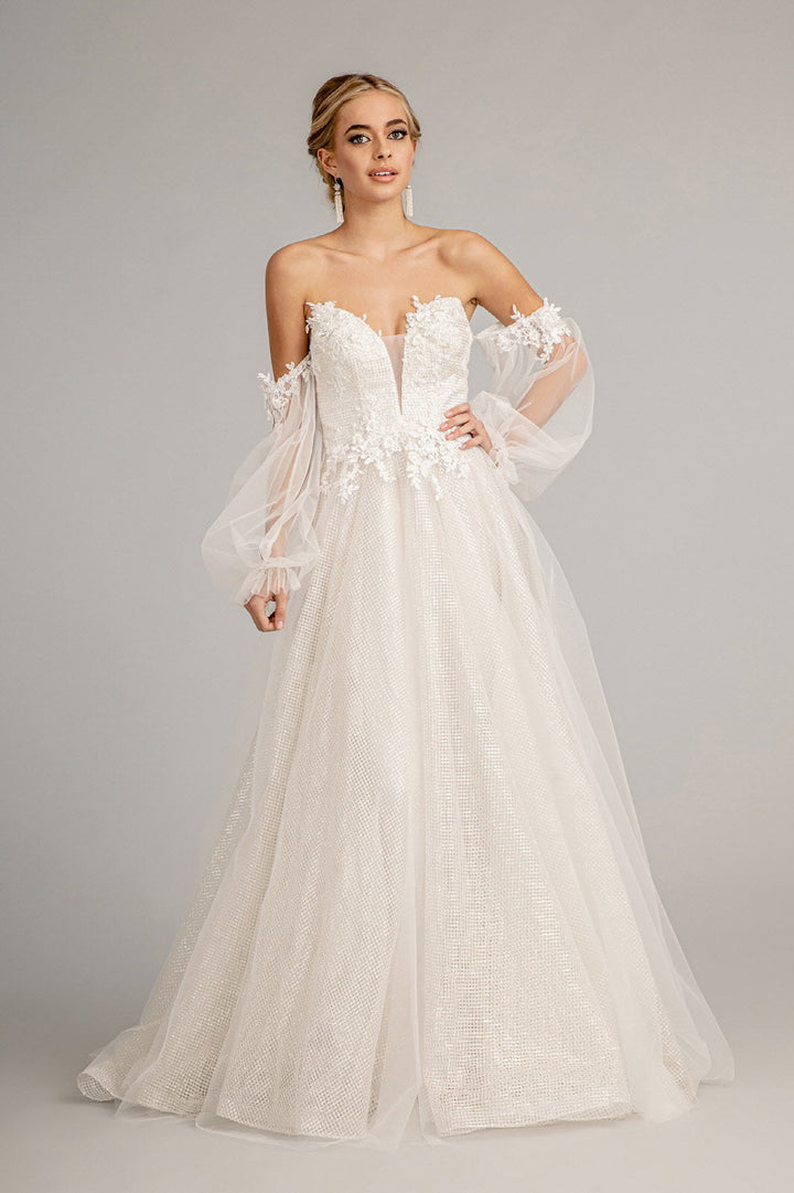 3D Flower Embellished Glitter Netting A-line w/ Detached Long Sleeves Long Prom Dress GLGL3015-1