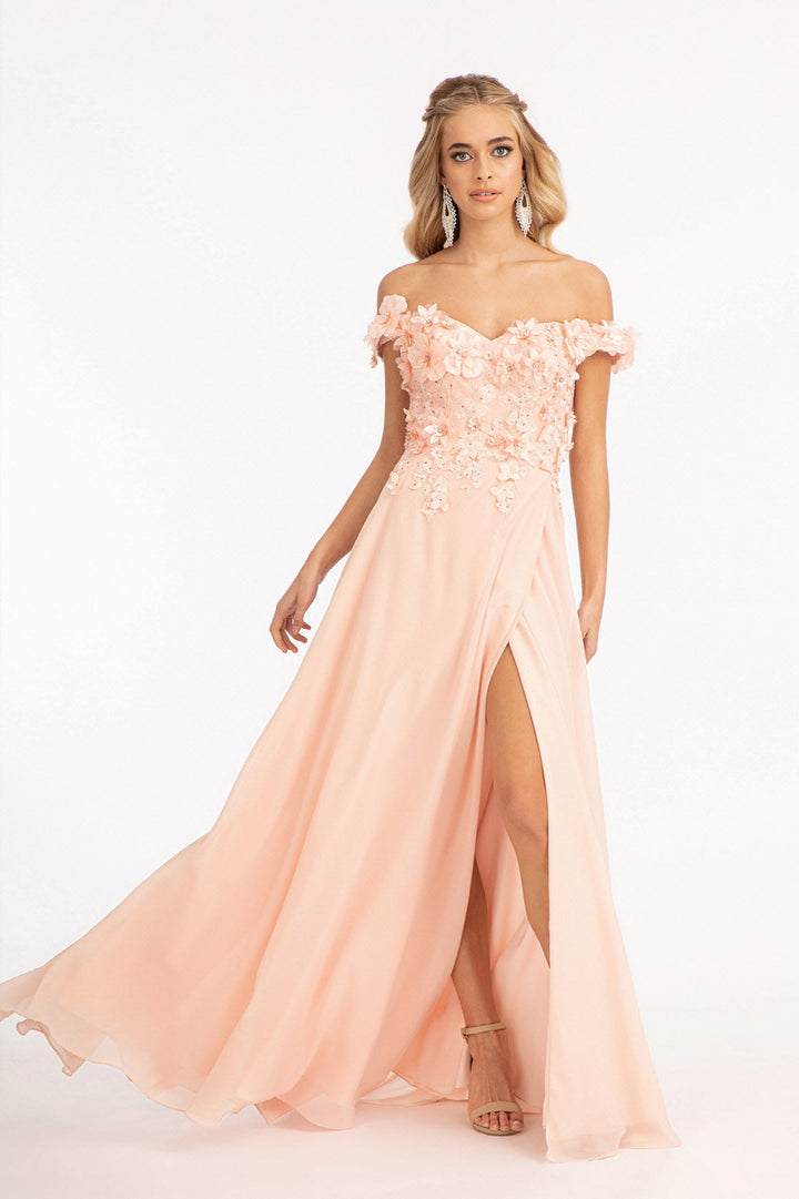 Floral 3D Applique and Embroidery Embellished Bodice A-Line Chiffon Long Prom Dress GLGL3018-6
