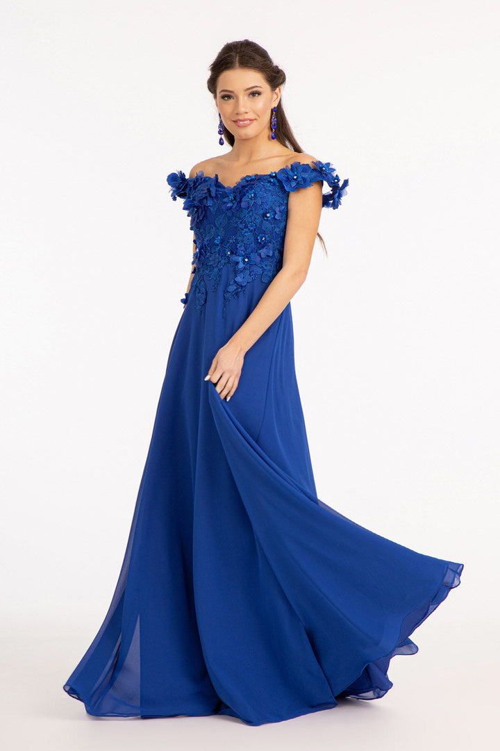 Floral 3D Applique and Embroidery Embellished Bodice A-Line Chiffon Long Prom Dress GLGL3018-8