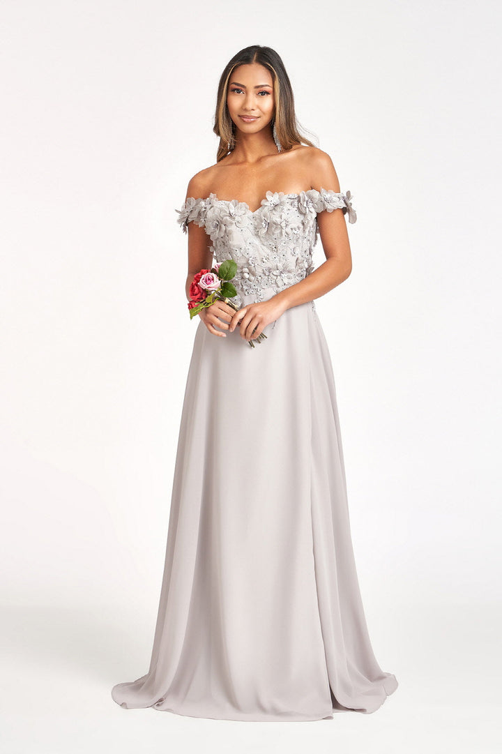 Floral 3D Applique and Embroidery Embellished Bodice A-Line Chiffon Long Prom Dress GLGL3018-10