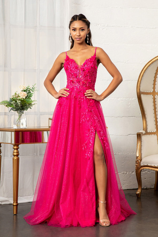 3D Flower Applique Glitter Mesh A-line w/ Embroidery and Sequin Dress GLGL3034-0