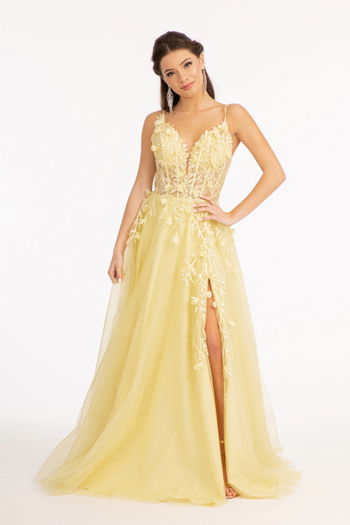3D Flower Applique Glitter Mesh A-line w/ Embroidery and Sequin Dress GLGL3034-1