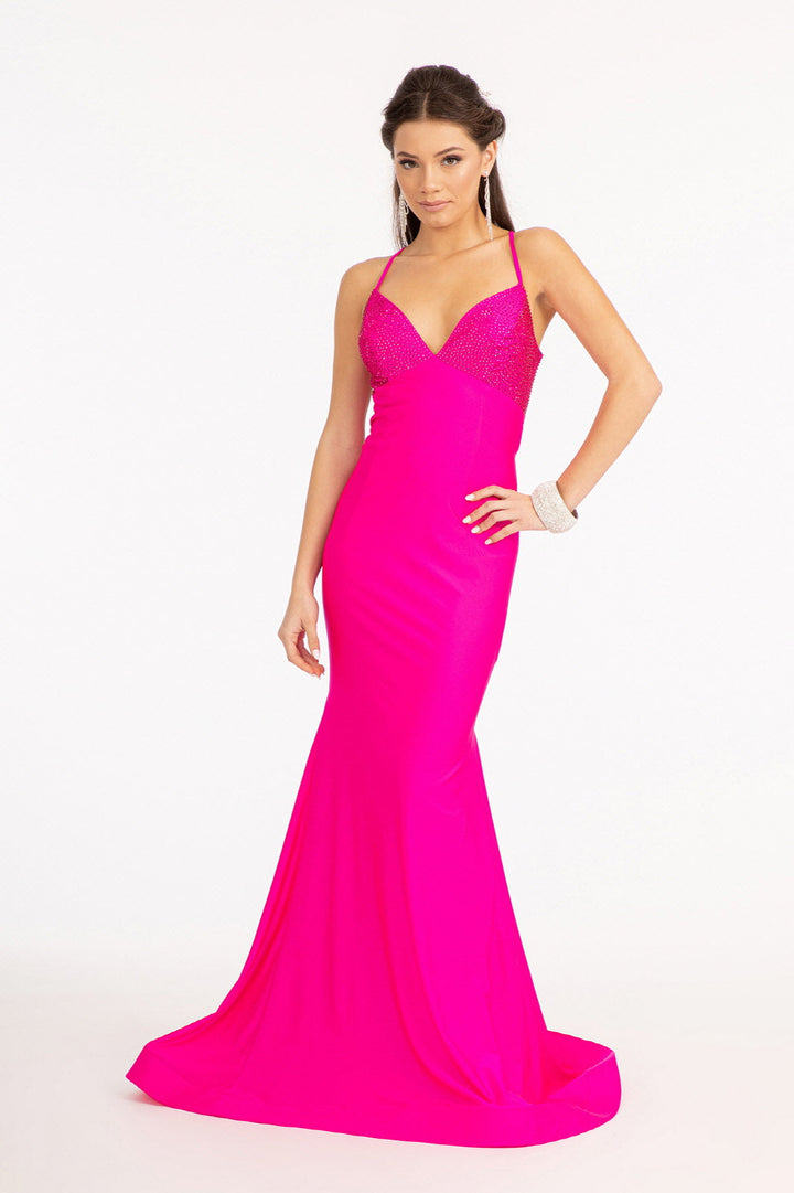 Beads Embellished Jersey Mermaid w/ Strap Lace-up Back Long Prom Dress GLGL3035-2