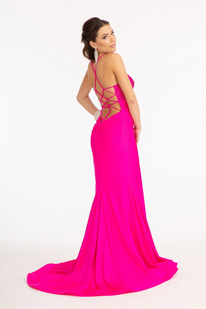 Beads Embellished Jersey Mermaid w/ Strap Lace-up Back Long Prom Dress GLGL3035-3