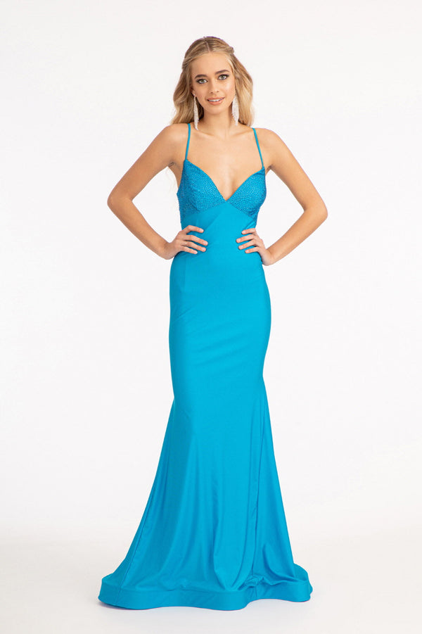 Beads Embellished Jersey Mermaid w/ Strap Lace-up Back Long Prom Dress GLGL3035-5