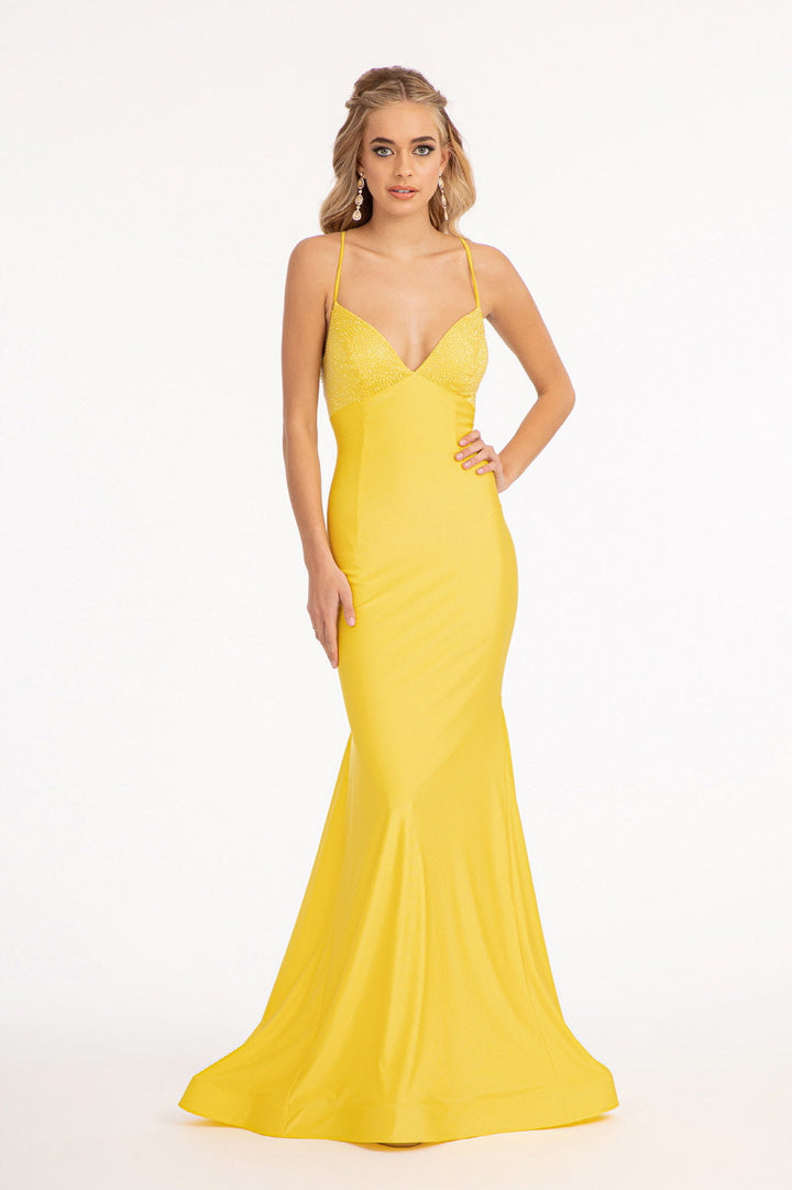 Beads Embellished Jersey Mermaid w/ Strap Lace-up Back Long Prom Dress GLGL3035-6