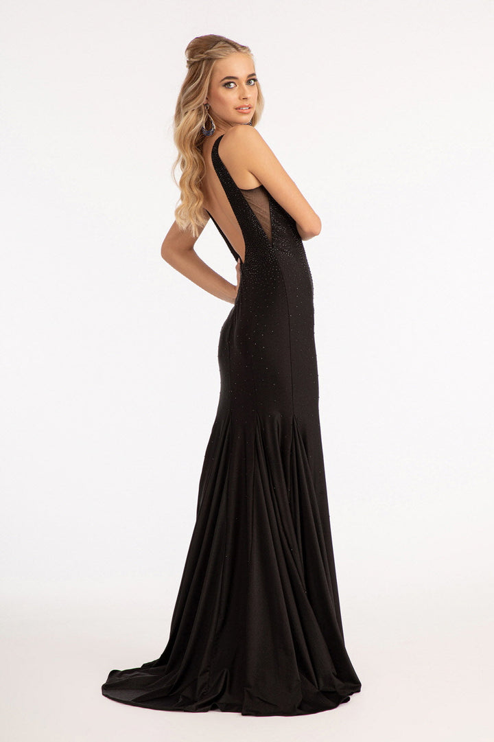 Beads Embellished Jersey Mermaid w/ Open Back and Sheer Sides Long Prom Dress GLGL3037-2