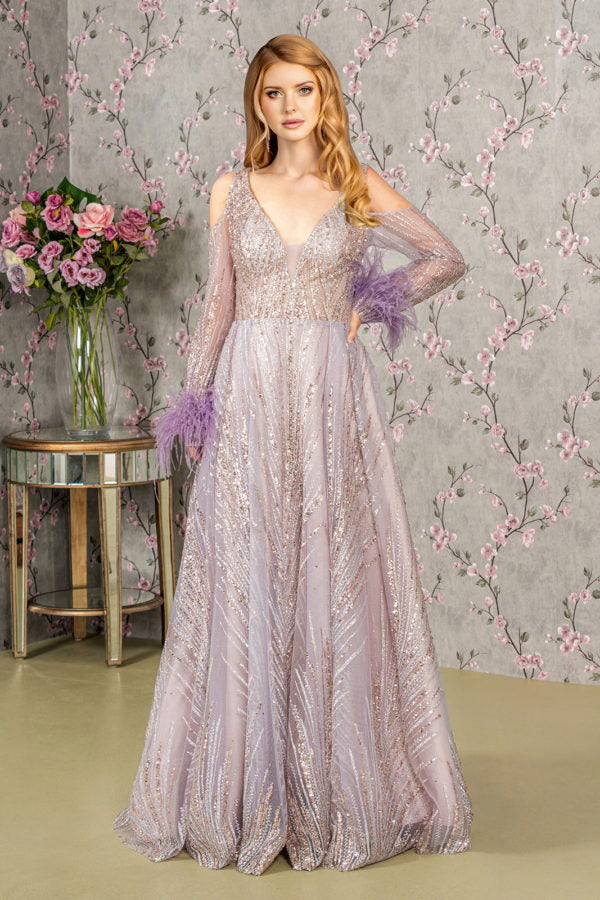 Feather-Wrist Embellished Glitter A-line Dress w/ Cut-Away Long Sleeves-0