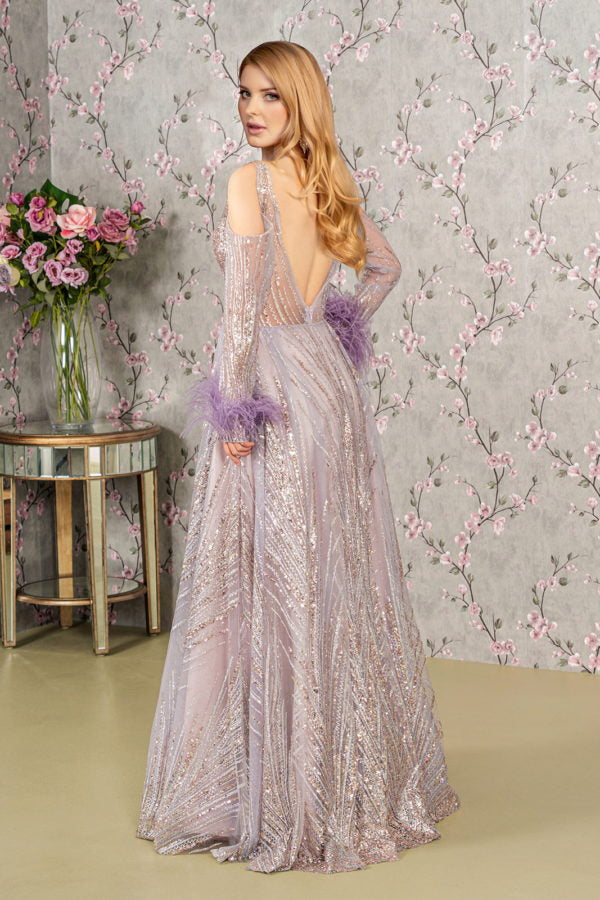 Feather-Wrist Embellished Glitter A-line Dress w/ Cut-Away Long Sleeves-3