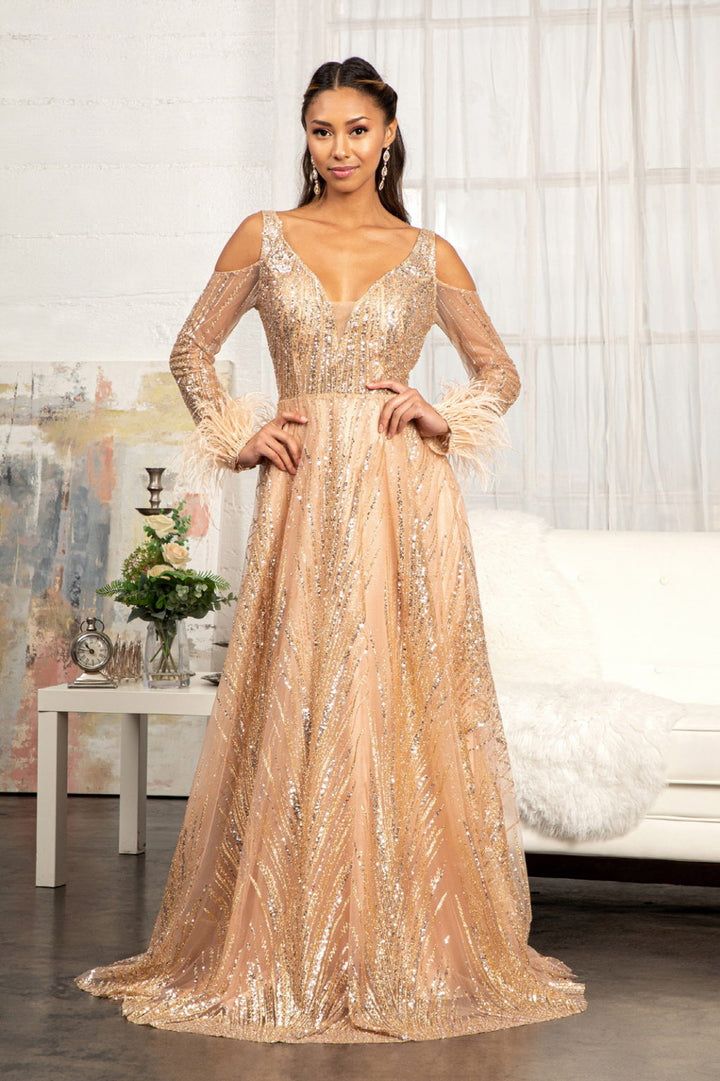 Feather-Wrist Embellished Glitter A-line Dress w/ Cut-Away Long Sleeves-1