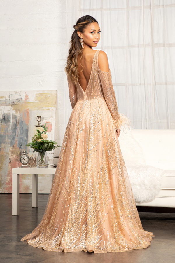 Feather-Wrist Embellished Glitter A-line Dress w/ Cut-Away Long Sleeves-2