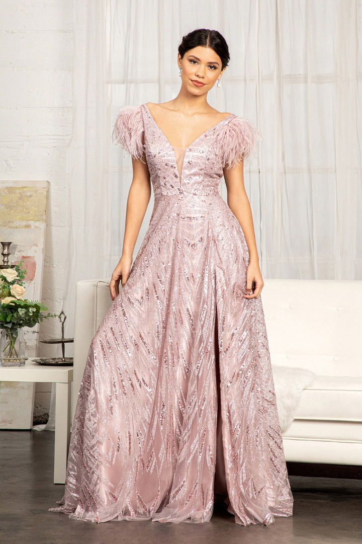 Feather-Shoulder Embellished A-line w/ Open V-back Long Prom Dress GLGL3046-0