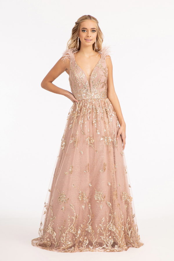 Feather-Shoulder Embellished Glitter A-line Dress w/ Sheer Open V-back-1