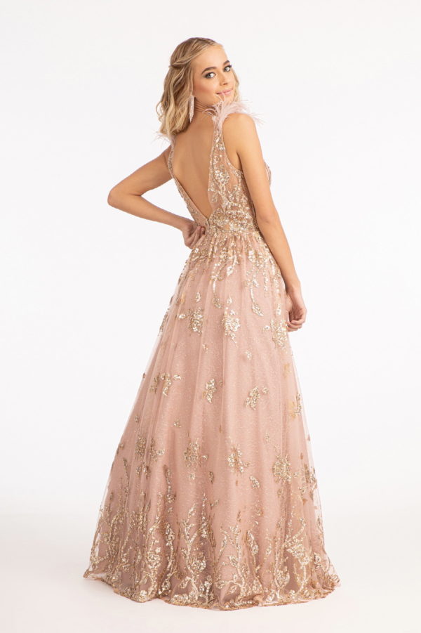 Feather-Shoulder Embellished Glitter A-line Dress w/ Sheer Open V-back-2