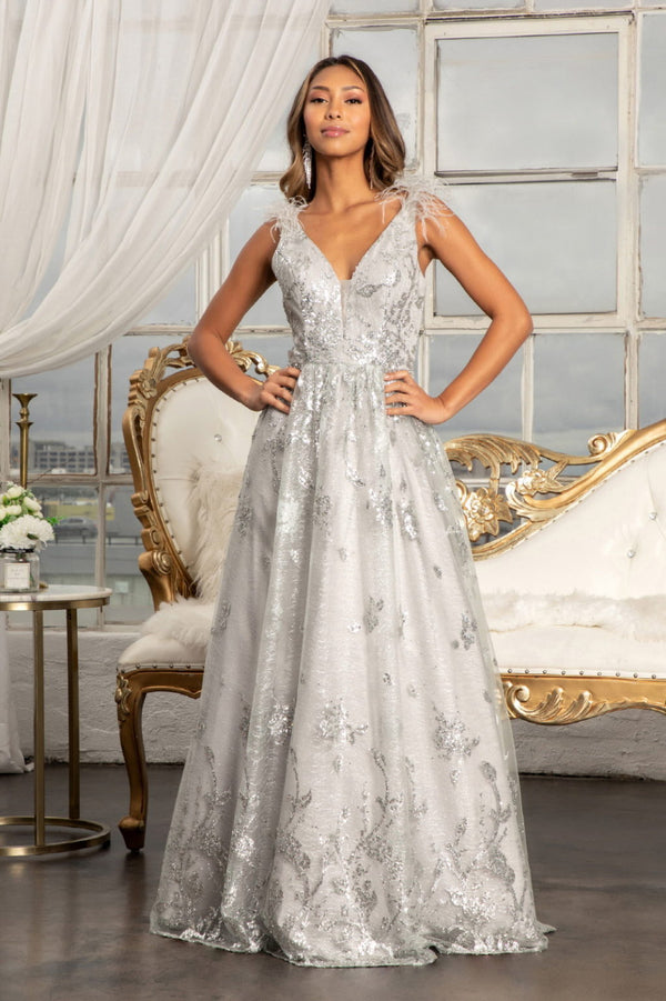 Feather-Shoulder Embellished Glitter A-line Dress w/ Sheer Open V-back-0