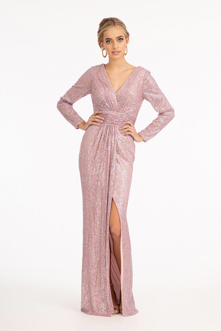 Gathered Waist Sequin Embellished Mermaid w/ Long Sleeves Long Prom Dress GLGL3063-6