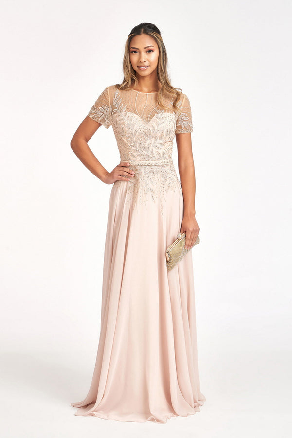 Embroidered Chiffon A-line Short Sleeves and Waistband Long Mother Of The Bride Dress GLGL3067 Sale-0