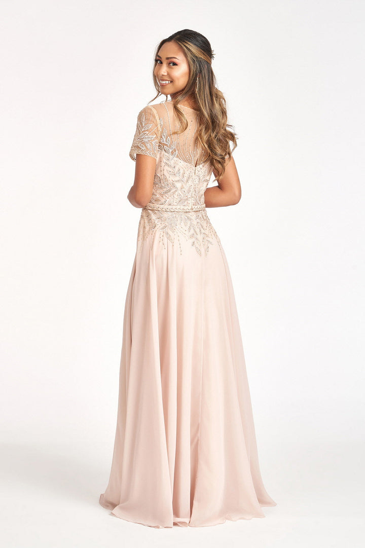 Embroidered Chiffon A-line Short Sleeves and Waistband Long Mother Of The Bride Dress GLGL3067 Sale-1