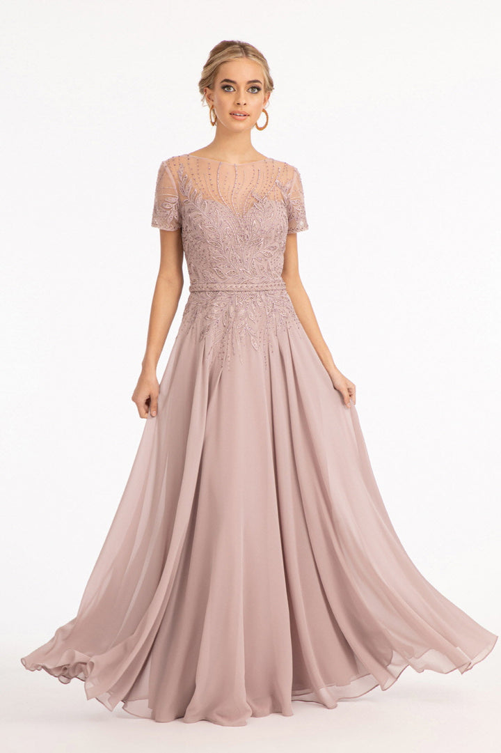 Embroidered Chiffon A-line Short Sleeves and Waistband Long Mother Of The Bride Dress GLGL3067 Sale-4