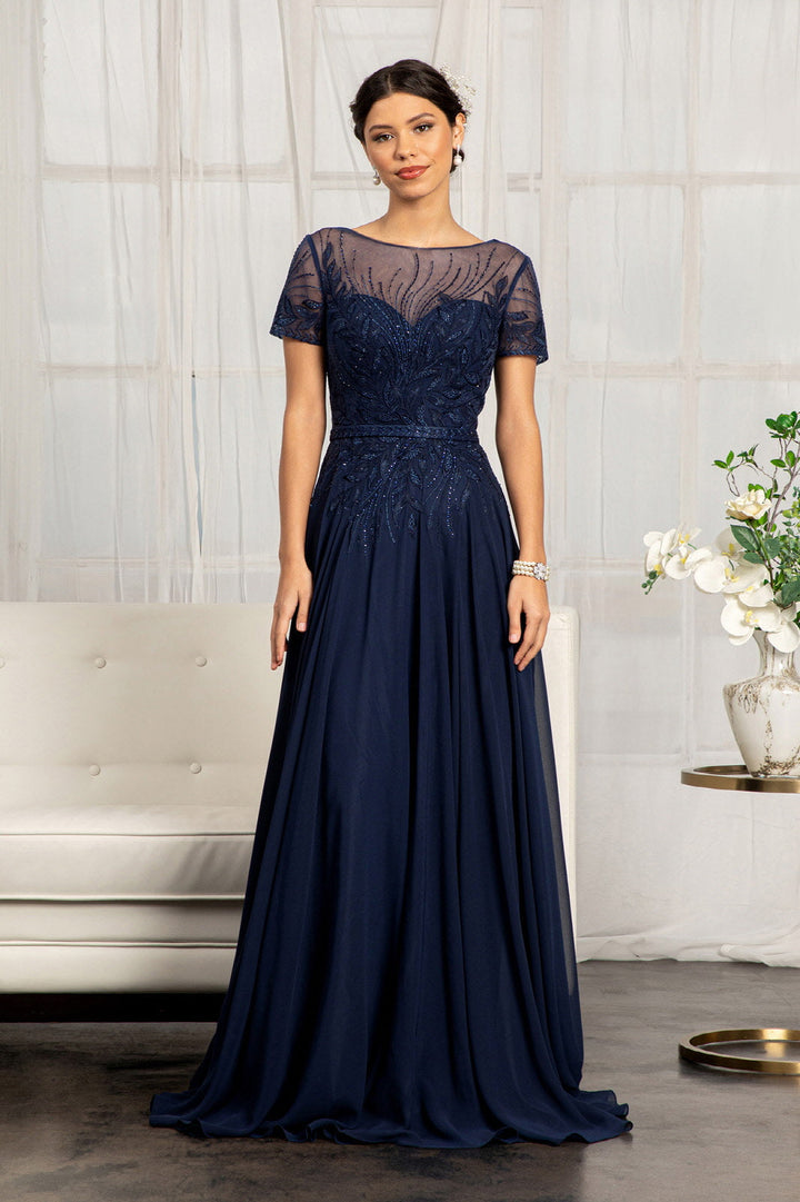 Embroidered Chiffon A-line Short Sleeves and Waistband Long Mother Of The Bride Dress GLGL3067-0