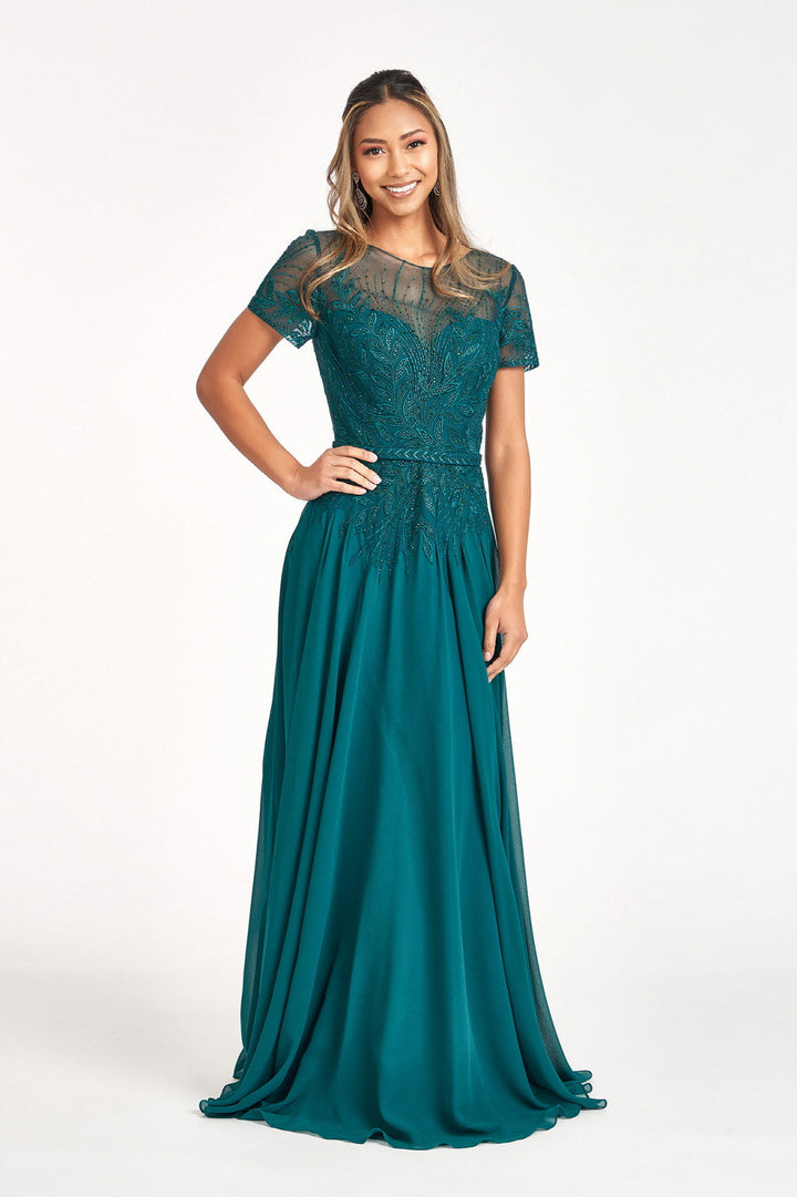 Embroidered Chiffon A-line Short Sleeves and Waistband Long Mother Of The Bride Dress GLGL3067-6