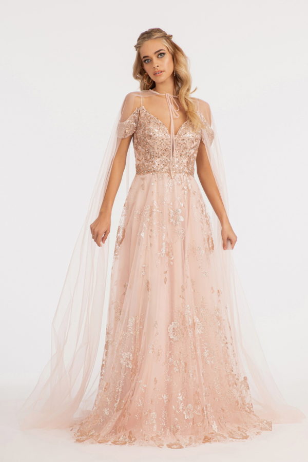 Illusion V-Neck Embroidered Mesh A-line Dress w/ Open V-Back-5