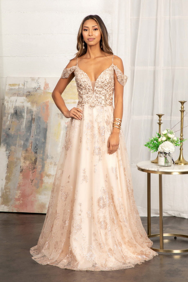 Illusion V-Neck Embroidered Mesh A-line Dress w/ Open V-Back-1